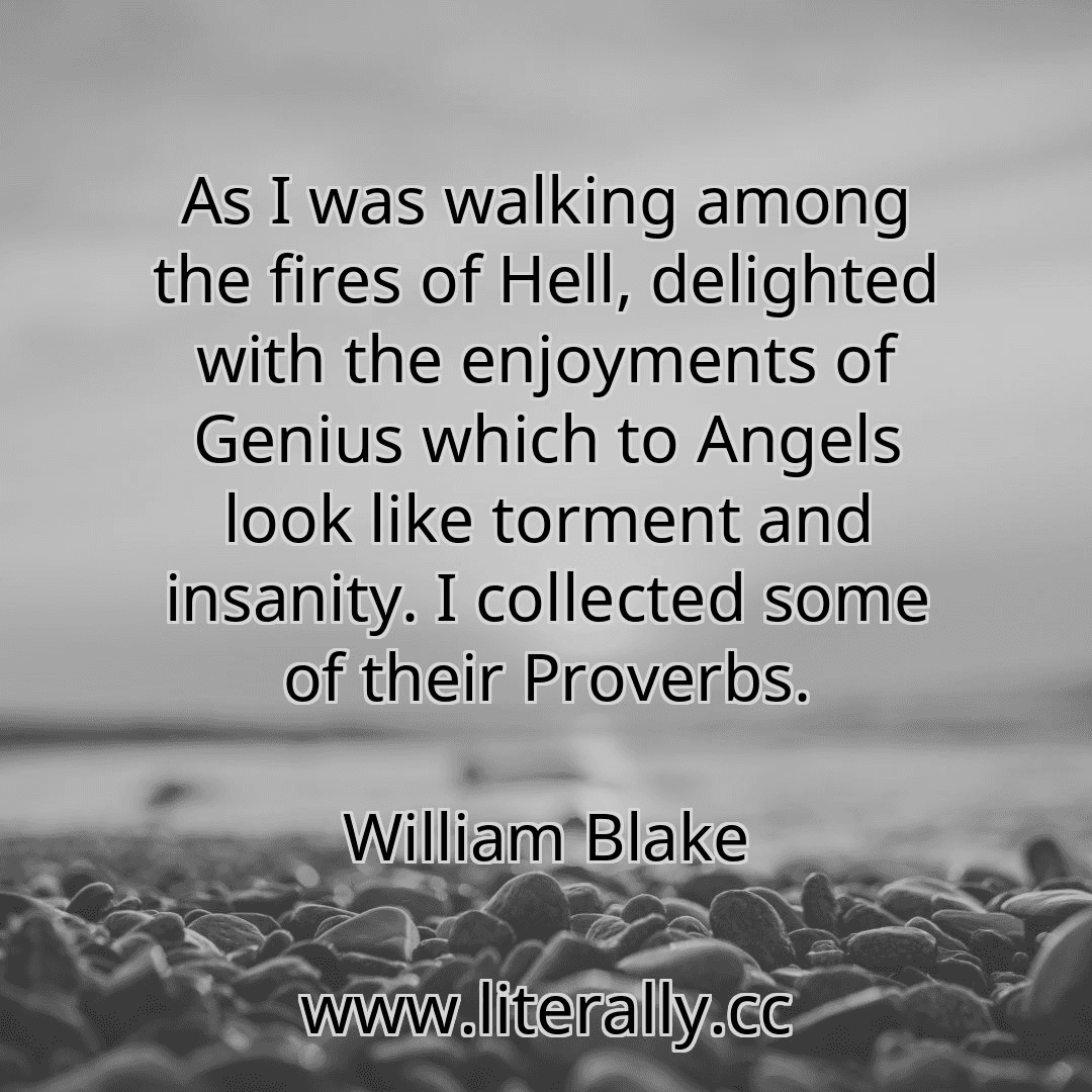 As I was walking among the fires of Hell, delighted with the enjoyments of Genius which to Angels look like torment and insanity. I collected some of their Proverbs.
William Blake
