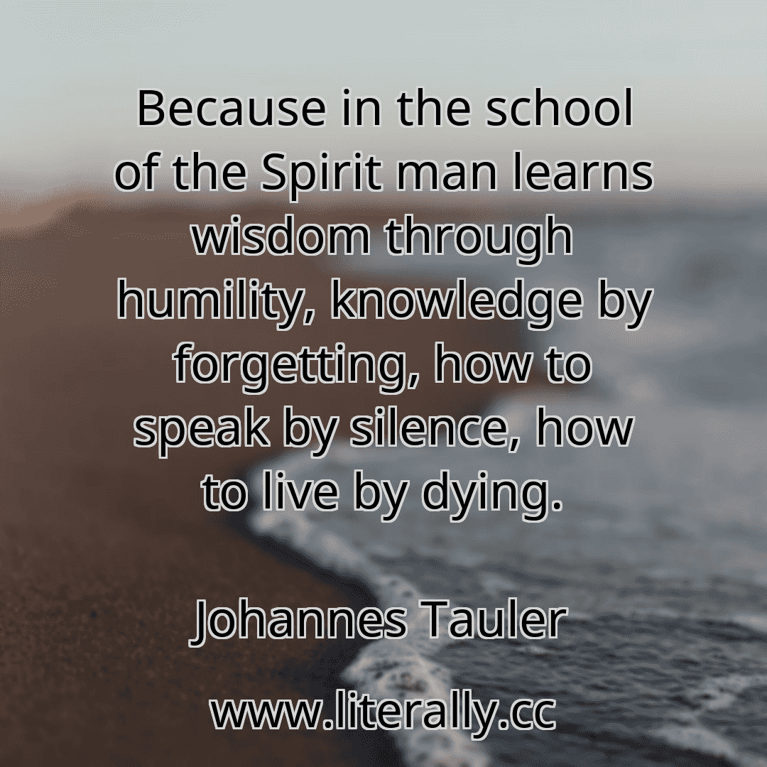 Because in the school of the Spirit man learns wisdom through humility, knowledge by forgetting, how to speak by silence, how to live by dying.
Johannes Tauler
