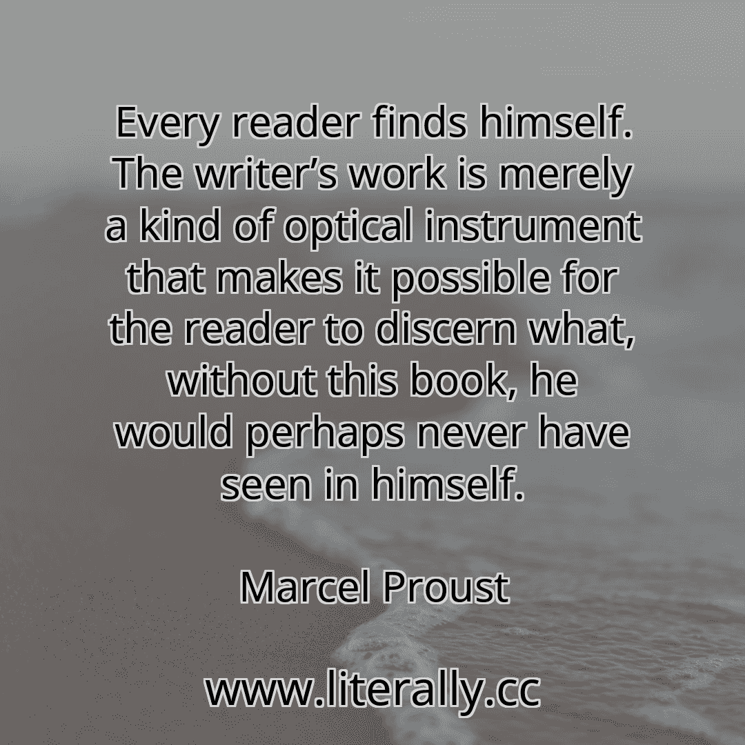 Every reader finds himself. The writer’s work is merely a kind of optical instrument that makes it possible for the reader to discern what, without this book, he would perhaps never have seen in himself.
Marcel Proust
