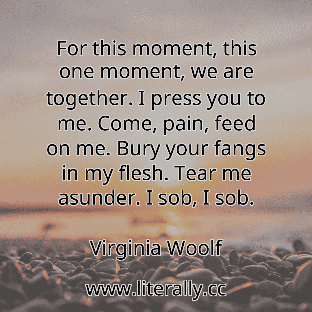 For this moment, this one moment, we are together. I press you to me. Come, pain, feed on me. Bury your fangs in my flesh. Tear me asunder. I sob, I sob.
Virginia Woolf
