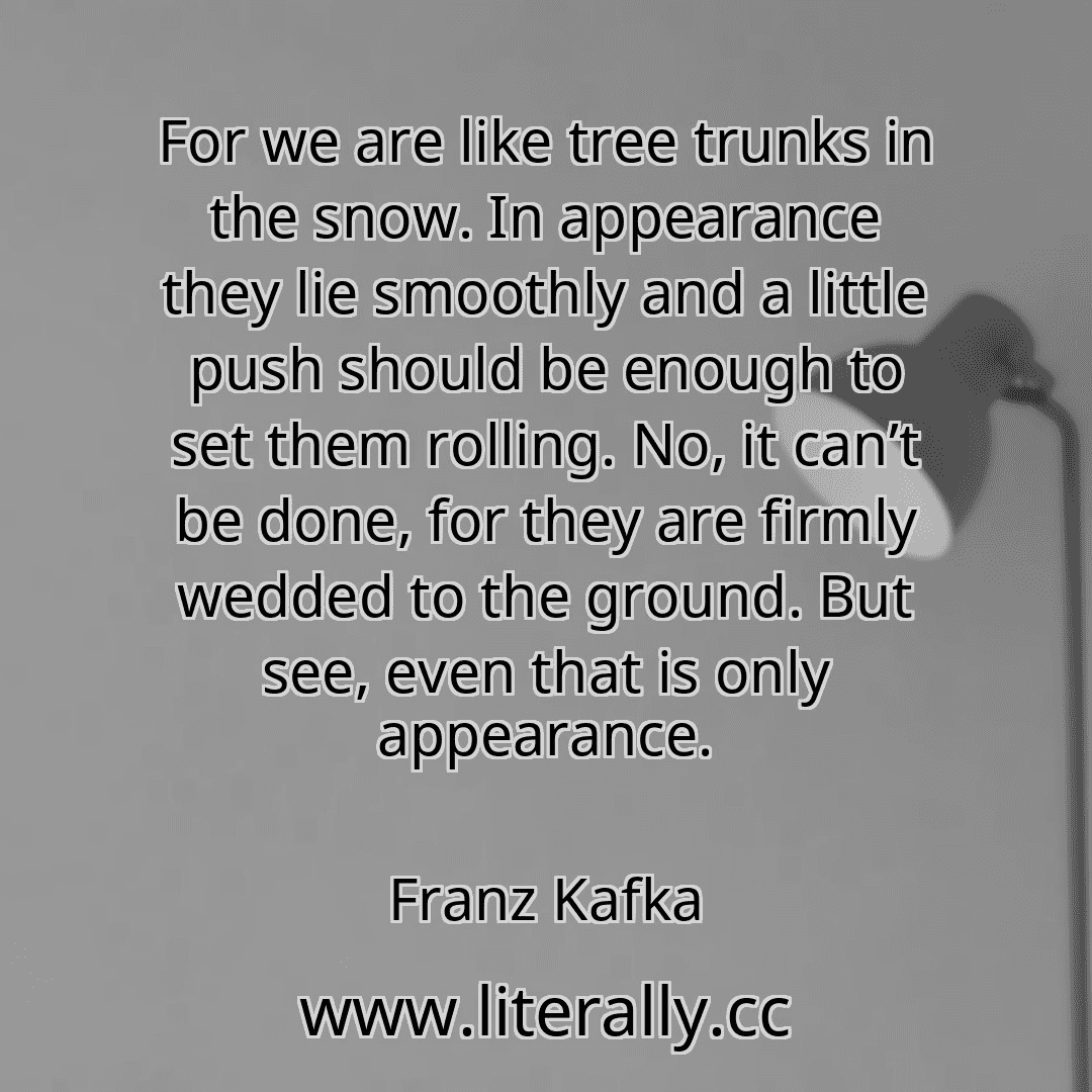 For we are like tree trunks in the snow. In appearance they lie smoothly and a little push should be enough to set them rolling. No, it can’t be done, for they are firmly wedded to the ground. But see, even that is only appearance.
Franz Kafka
