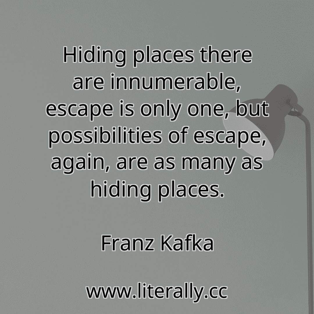 Hiding places there are innumerable, escape is only one, but possibilities of escape, again, are as many as hiding places.
Franz Kafka
