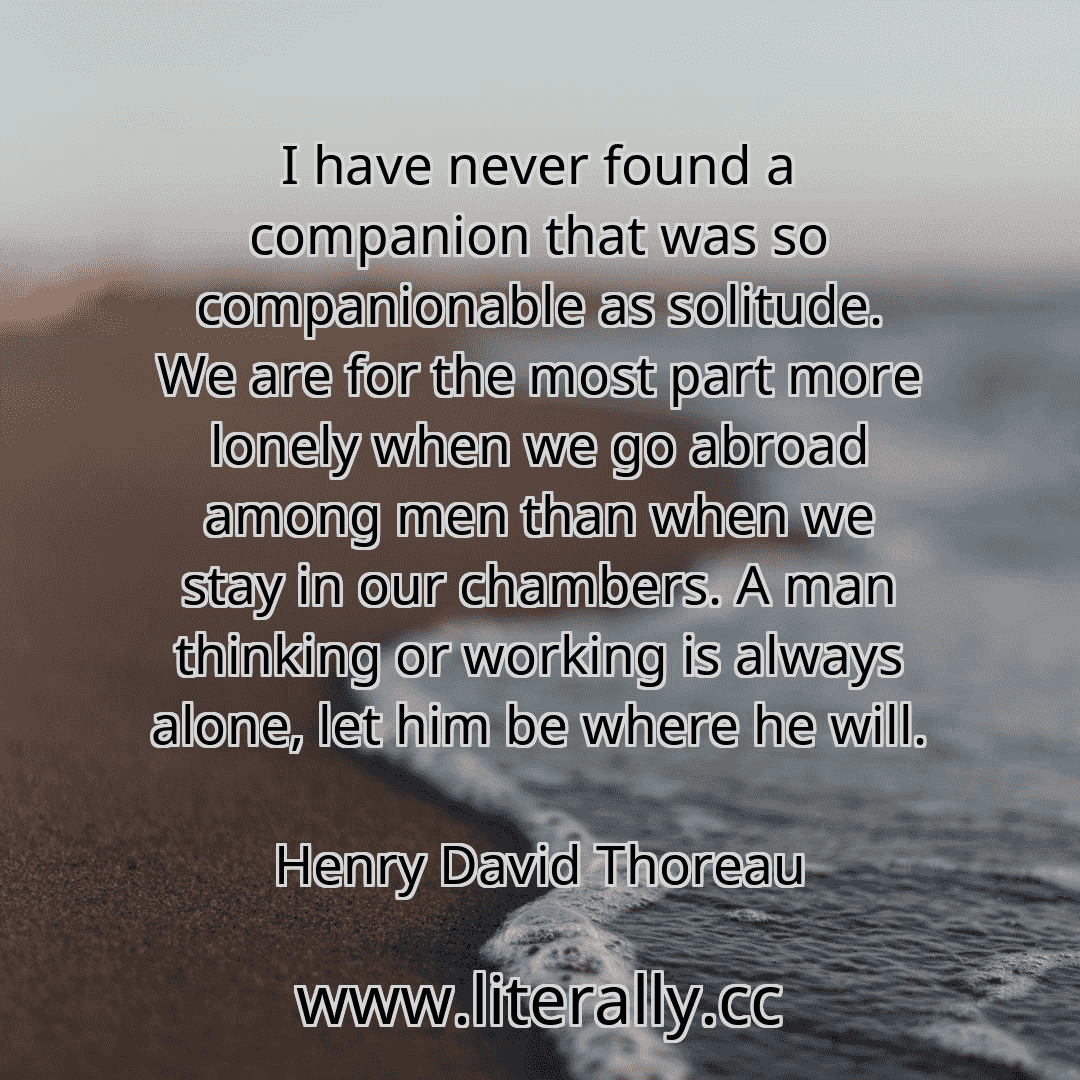 I have never found a companion that was so companionable as solitude. We are for the most part more lonely when we go abroad among men than when we stay in our chambers. A man thinking or working is always alone, let him be where he will.
Henry David Thoreau
