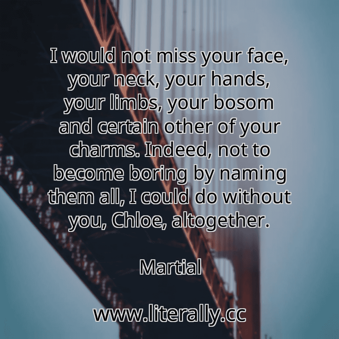 I would not miss your face, your neck, your hands, your limbs, your bosom and certain other of your charms. Indeed, not to become boring by naming them all, I could do without you, Chloe, altogether.
Martial
