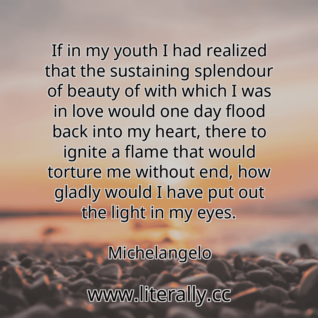 If in my youth I had realized that the sustaining splendour of beauty of with which I was in love would one day flood back into my heart, there to ignite a flame that would torture me without end, how gladly would I have put out the light in my eyes.
Michelangelo
