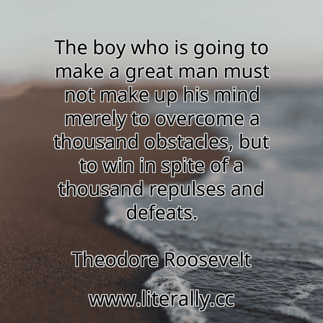 The boy who is going to make a great man must not make up his mind merely to overcome a thousand obstacles, but to win in spite of a thousand repulses and defeats.
Theodore Roosevelt
