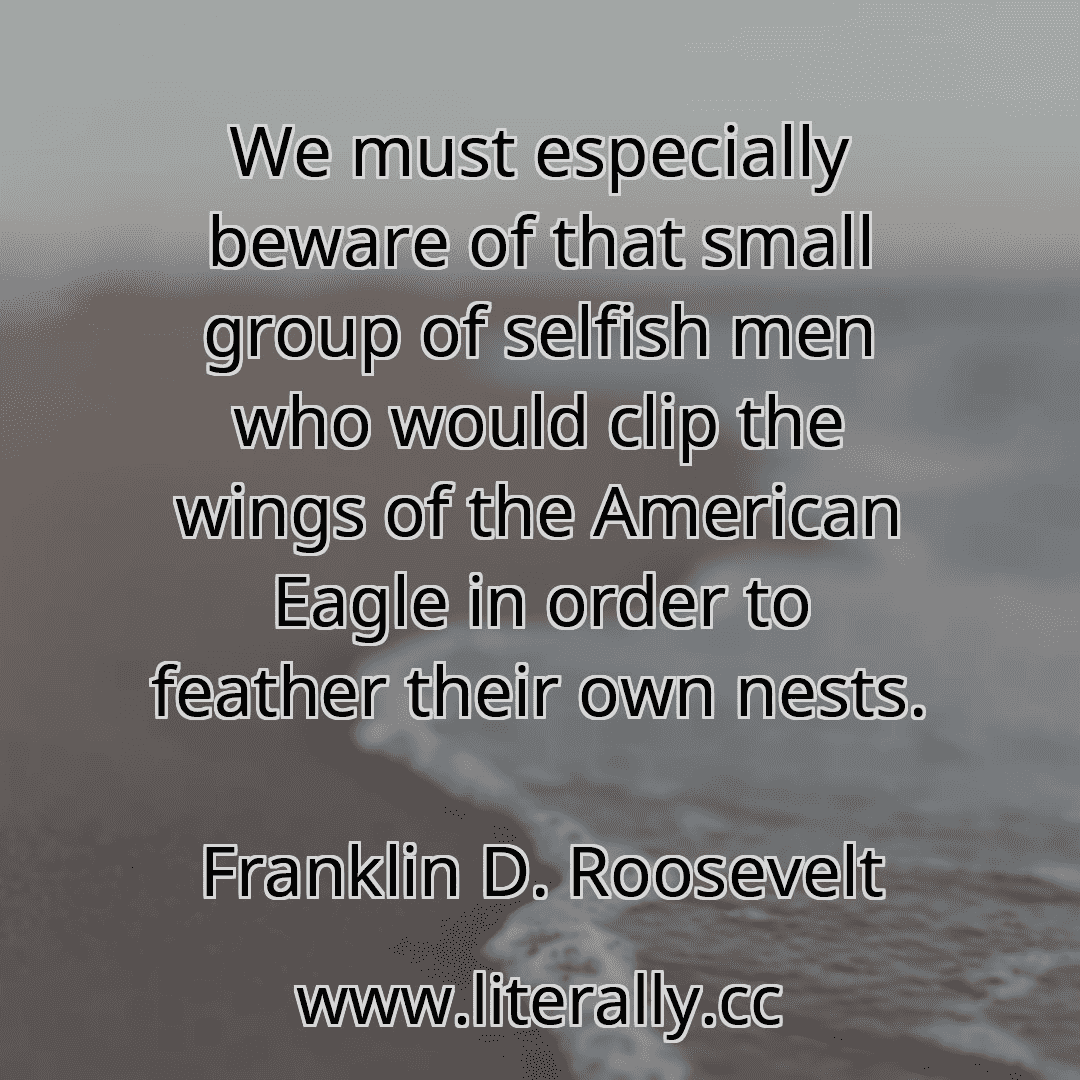 We must especially beware of that small group of selfish men who would clip the wings of the American Eagle in order to feather their own nests.
Franklin D. Roosevelt
