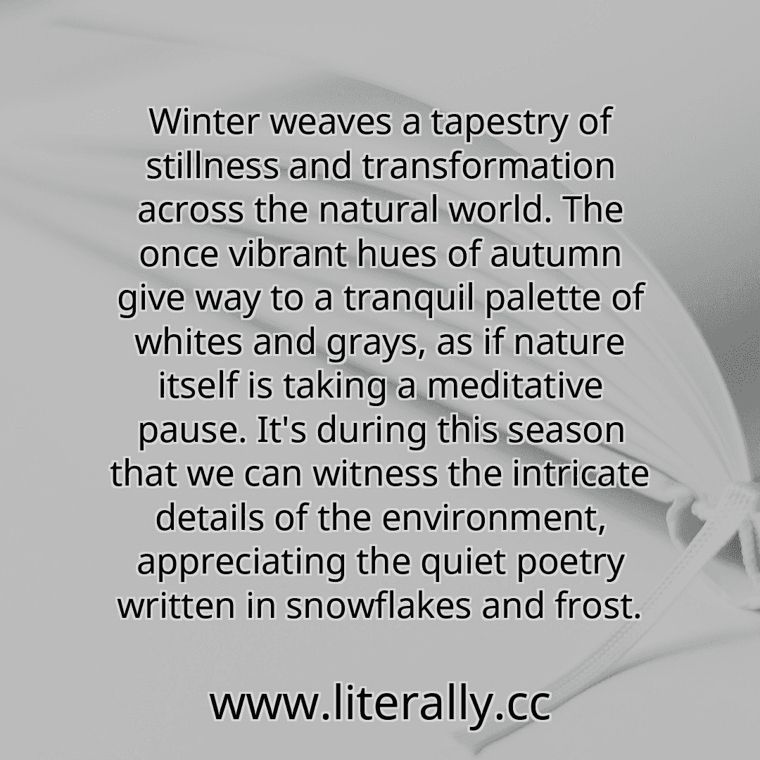 Winter weaves a tapestry of stillness and transformation across the natural world. The once vibrant hues of autumn give way to a tranquil palette of whites and grays, as if nature itself is taking a meditative pause. It's during this season that we can witness the intricate details of the environment, appreciating the quiet poetry written in snowflakes and frost.
