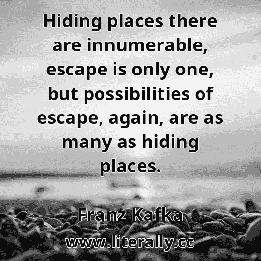 Hiding places there are innumerable, escape is only one, but possibilities of escape, again, are as many as hiding places.
Franz Kafka
