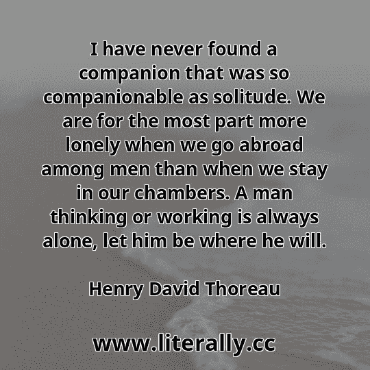 I have never found a companion that was so companionable as solitude. We are for the most part more lonely when we go abroad among men than when we stay in our chambers. A man thinking or working is always alone, let him be where he will.
Henry David Thoreau
