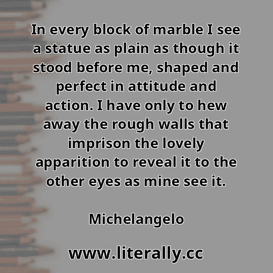 In every block of marble I see a statue as plain as though it stood before me, shaped and perfect in attitude and action. I have only to hew away the rough walls that imprison the lovely apparition to reveal it to the other eyes as mine see it.
Michelangelo
