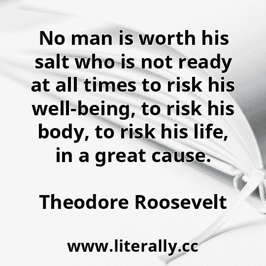 No man is worth his salt who is not ready at all times to risk his well-being, to risk his body, to risk his life, in a great cause.
Theodore Roosevelt
