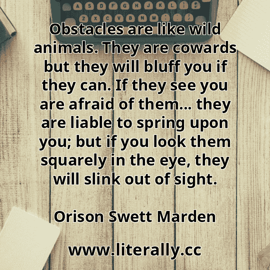 Obstacles are like wild animals. They are cowards but they will bluff you if they can. If they see you are afraid of them... they are liable to spring upon you; but if you look them squarely in the eye, they will slink out of sight.
Orison Swett Marden
