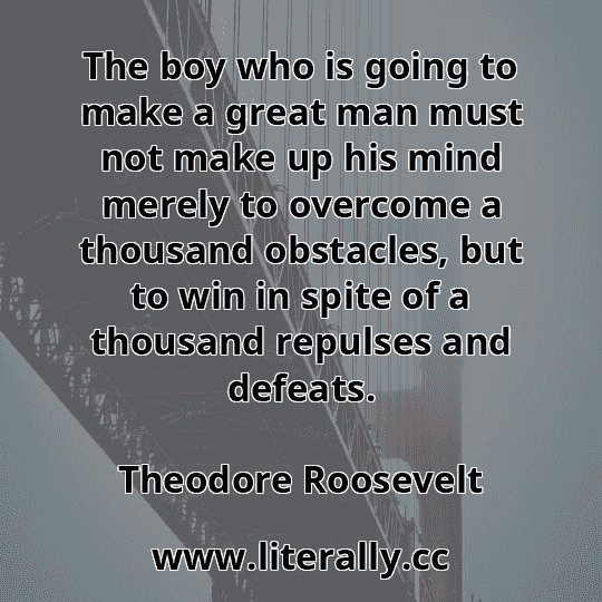 The boy who is going to make a great man must not make up his mind merely to overcome a thousand obstacles, but to win in spite of a thousand repulses and defeats.
Theodore Roosevelt
