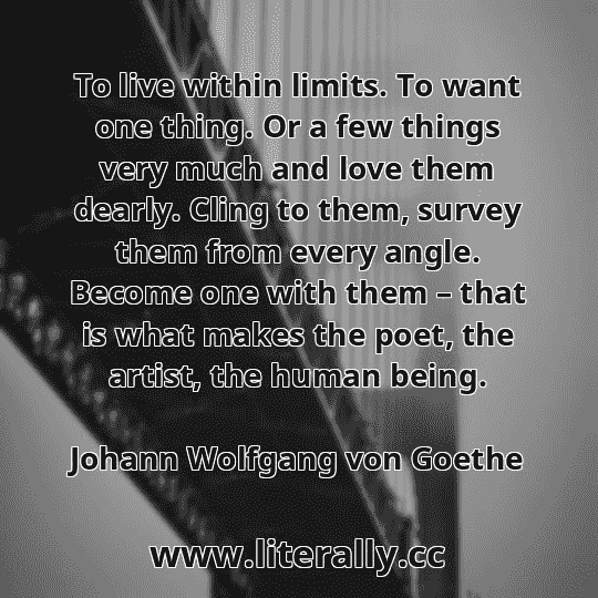 To live within limits. To want one thing. Or a few things very much and love them dearly. Cling to them, survey them from every angle. Become one with them – that is what makes the poet, the artist, the human being.
Johann Wolfgang von Goethe

