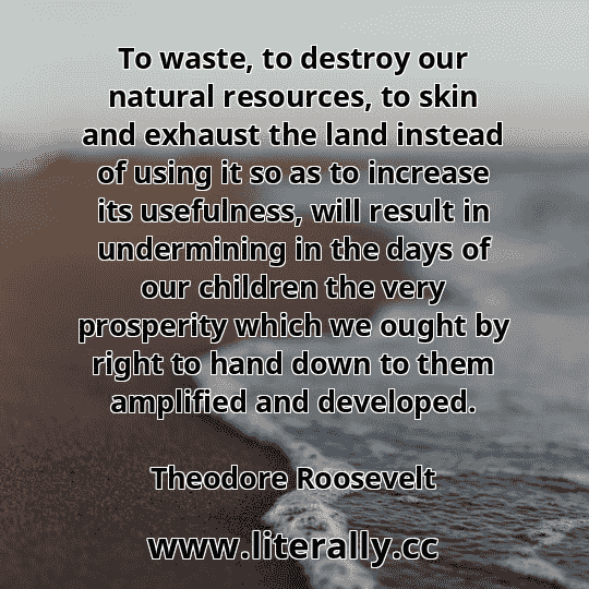 To waste, to destroy our natural resources, to skin and exhaust the land instead of using it so as to increase its usefulness, will result in undermining in the days of our children the very prosperity which we ought by right to hand down to them amplified and developed.
Theodore Roosevelt
