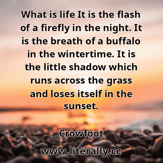 What is life It is the flash of a firefly in the night. It is the breath of a buffalo in the wintertime. It is the little shadow which runs across the grass and loses itself in the sunset.
Crowfoot
