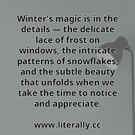 Winter's magic is in the details — the delicate lace of frost on windows, the intricate patterns of snowflakes, and the subtle beauty that unfolds when we take the time to notice and appreciate.
